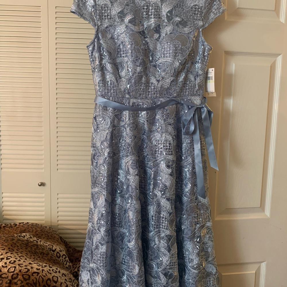 Alex Evening Women A-line Stretch Embroidered Dress with Tie Belt. - Picture 5 of 7